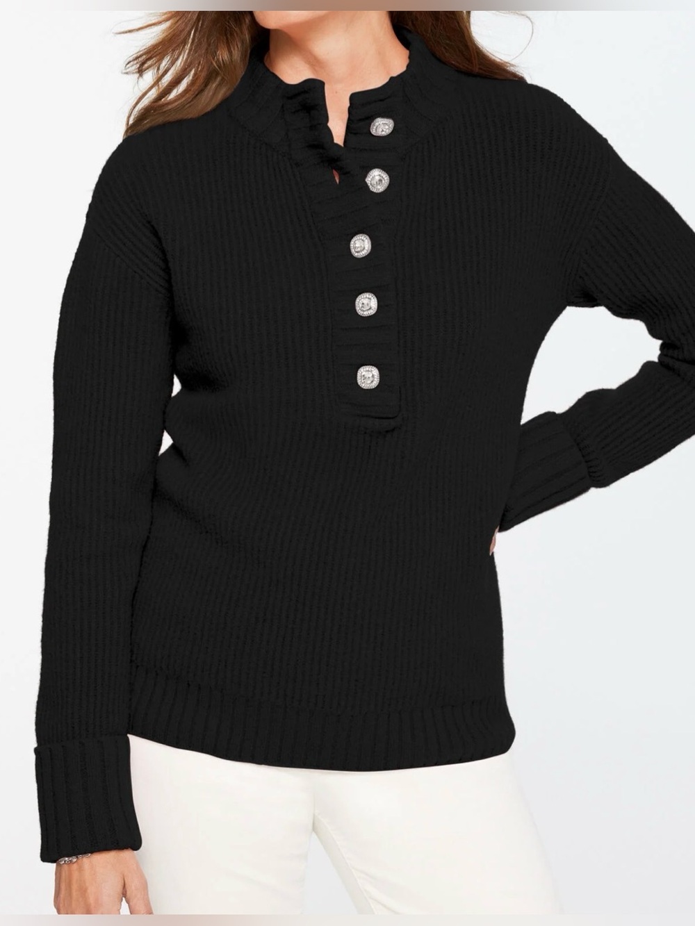 Talbots Jewel Button Henley Sweater Sz XS Black